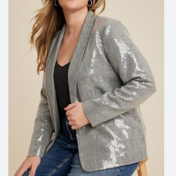 Maurices Gray Tartan Plaid Sequin Holiday Blazer Jacket Plus Size 1X - Picture 1 of 8